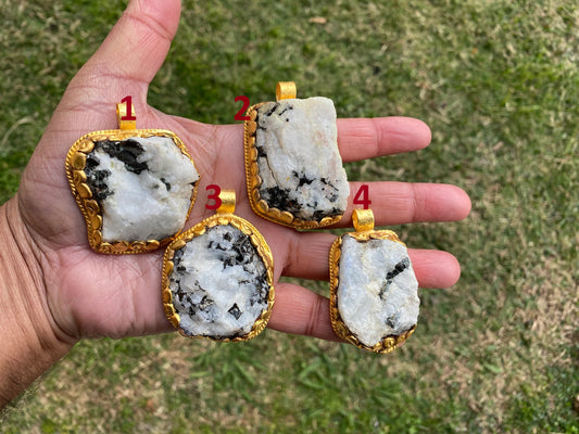Big Chunky Raw Natural Rainbow Moonstone Pendant, Non Tarnish Brushed Gold Overlay, Raw Crystal Jewelry, Crown Chakra, Elegant Design