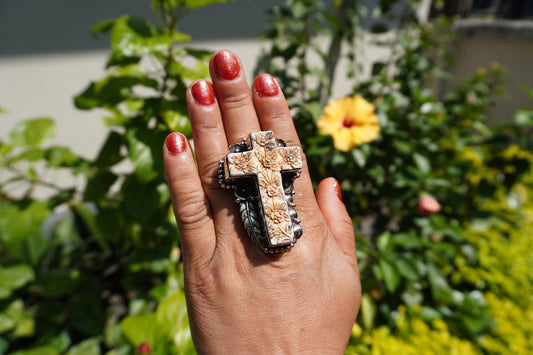 Big Cross Ring | Buffalo Bone Floral Design, Healing Cross Ring, Daily Wear Unisex Ring, Spiritual jewelry ring, Meaningful gift ring