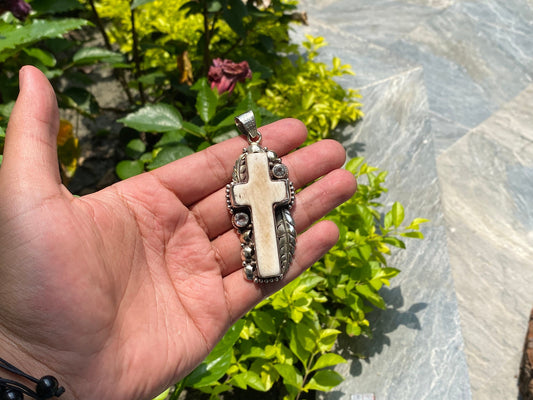 Big Cross pendant, Buffalo bone Pendant with adornment of white topaz, Pendant for daily wear, Healing Cross Pendant, MeaningfulGift, Unisex