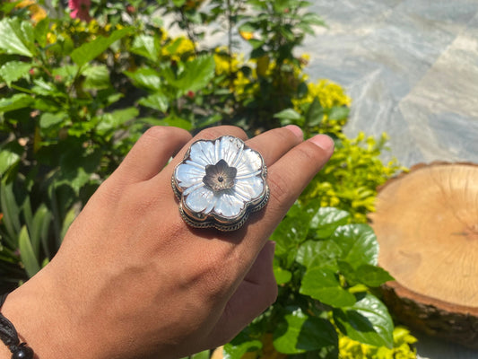 Big Floral Designed Sea Shell Adjustable Handmade Ring, Tibetan Silver Ring.