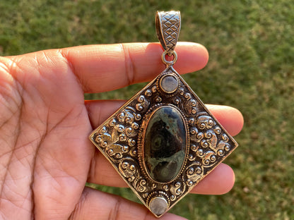 Big Green Kambaba Jasper Tibetan Silver Pendant, Moonstone or Ruby Gemstone, Natural Stone Locket, Tibetan Pendant, Etheric Jewelry,