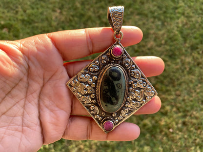 Big Green Kambaba Jasper Tibetan Silver Pendant, Moonstone or Ruby Gemstone, Natural Stone Locket, Tibetan Pendant, Etheric Jewelry,