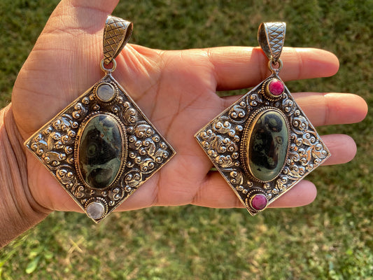 Big Green Kambaba Jasper Tibetan Silver Pendant, Moonstone or Ruby Gemstone, Natural Stone Locket, Tibetan Pendant, Etheric Jewelry,