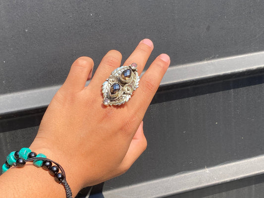 Big Hammered Floral designed Ring Adorned with Smoky Quartz and White Topaz.