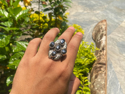 Adjustable Tibetan Silver Ring, Big Hammered Ring, Black Onyx Ring.