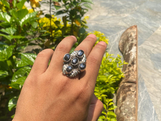 Adjustable Tibetan Silver Ring, Big Hammered Ring, Black Onyx Ring.