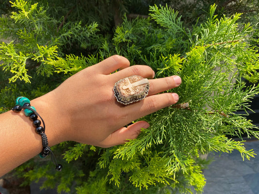 Big Adjustable Bone Carved Tibetan Silver Ring, Cross Ring, Floral design on Cross.