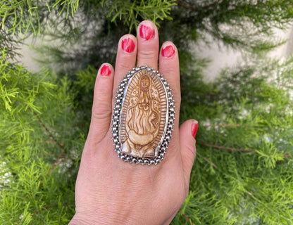 Big Adjustable Bone Carved Tibetan Silver Ring, Virgin Mary, Spiritual Catholic jewelry, Handmade Artisan Gift, Punk Jewelry, Statement Ring