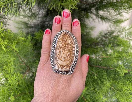 Big Adjustable Bone Carved Tibetan Silver Ring, Virgin Mary, Spiritual Catholic jewelry, Handmade Artisan Gift, Punk Jewelry, Statement Ring