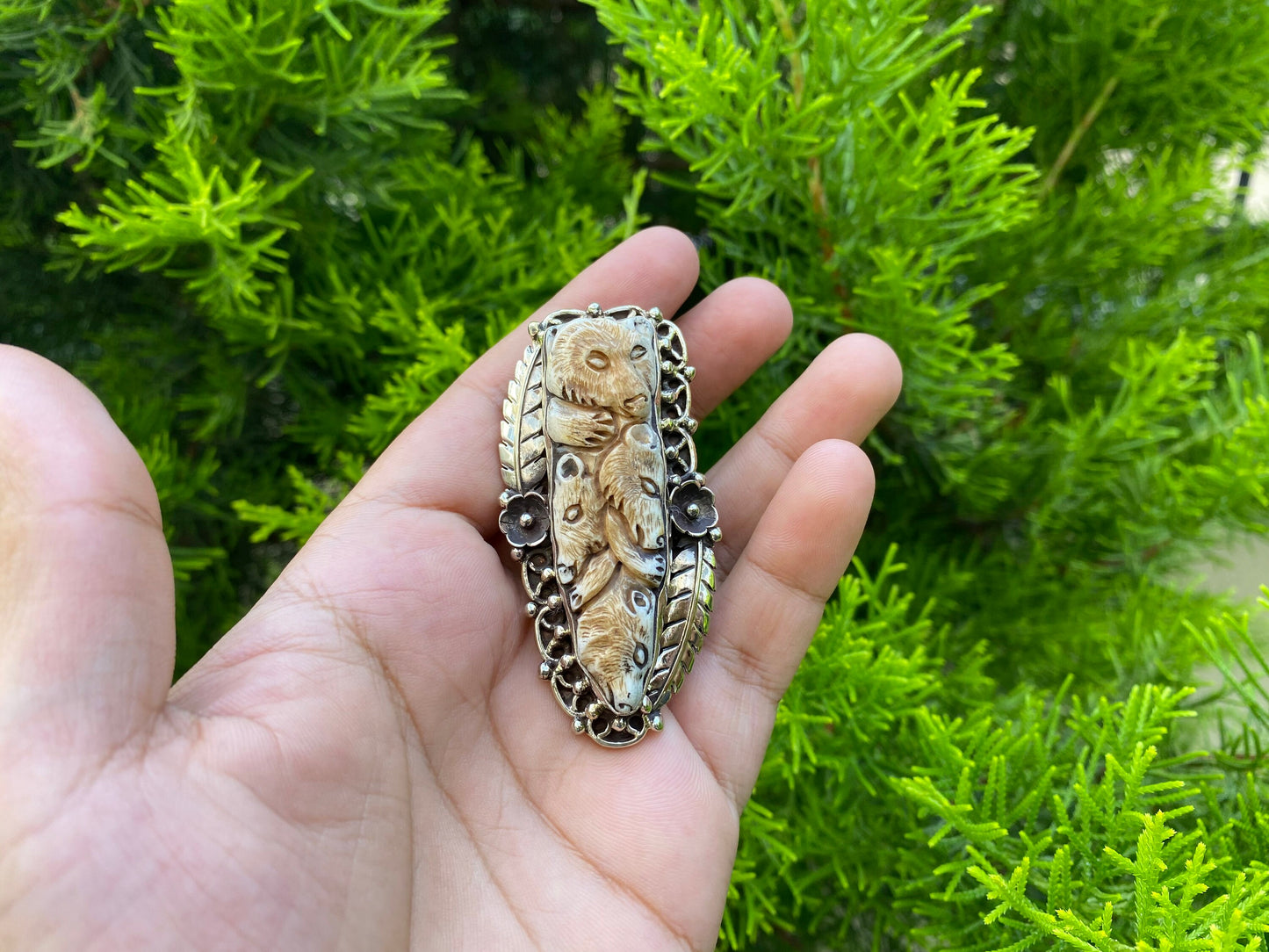 Big Adjustable Buffalo Bone and Tibetan Silver Ring with Intricate Bear Carving | Bohemian Fashion Inspired Ring,Unisex Ring,Hammered Design