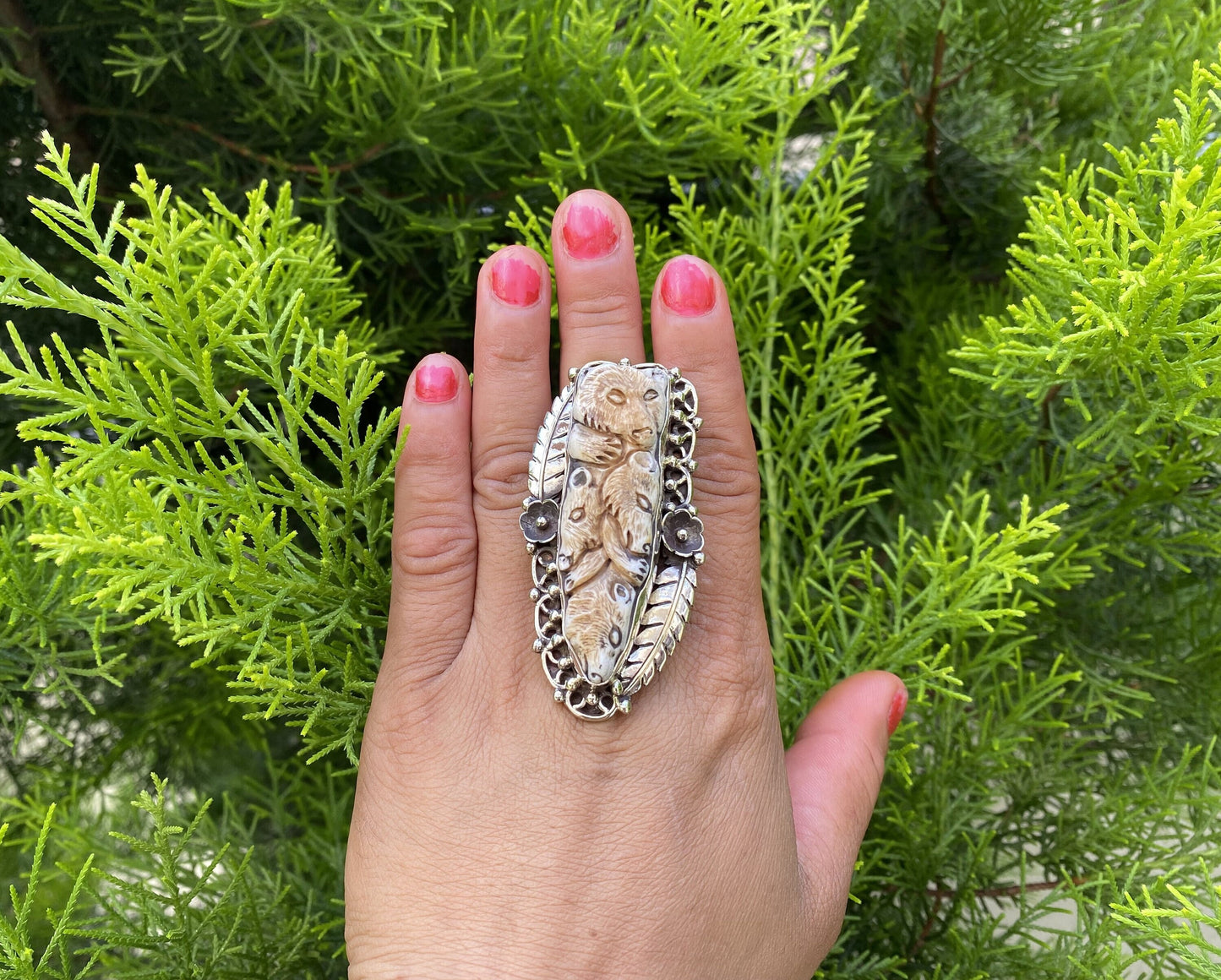 Big Adjustable Buffalo Bone and Tibetan Silver Ring with Intricate Bear Carving | Bohemian Fashion Inspired Ring,Unisex Ring,Hammered Design