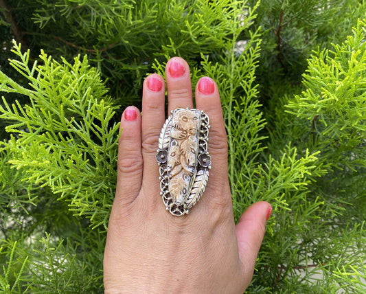 Big Adjustable Buffalo Bone and Tibetan Silver Ring with Intricate Bear Carving | Bohemian Fashion Inspired Ring,Unisex Ring,Hammered Design