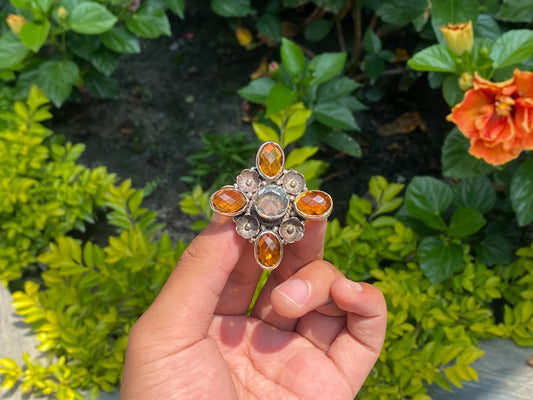 Big adjustable Ring, Handmade Ring, Hammered Ring, Daily wear Ring,  Citrine and White topaz adorned Ring, Tibetan Silver Ring, Boho Ring.