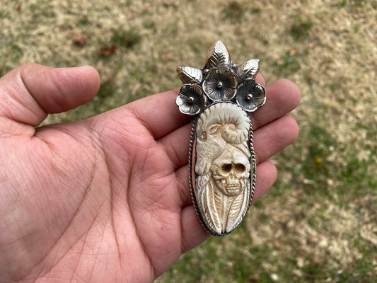 Bighorn Sheep Ram with Skull Hand Carved Buffalo Bone Tibetan Silver Pendant, Jewelry for Men or Women, Ethnic Jewelry, Skull Jewellery