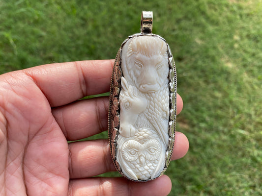 Bison Head With Eagle And Horse Carved Bone Tibetan Silver Pendant, Dragon Pendant for Necklace, Animal Gift Jewelry, Gift For Men or Women