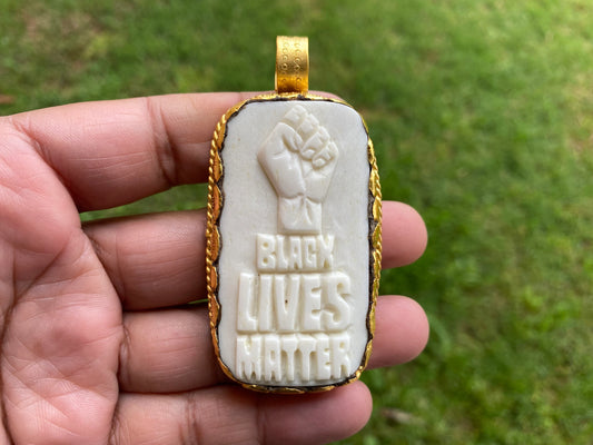 Black Lives Matter Carved Buffalo Bone Pendant, 18K Brushed Gold Overlay Non Tarnish Pendant for Men & Women, Support for Black People, BLM