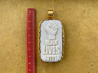 Black Lives Matter Carved Buffalo Bone Pendant, 18K Brushed Gold Overlay Non Tarnish Pendant for Men & Women, Support for Black People, BLM