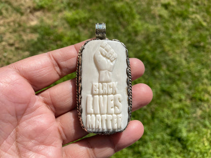 Black Lives Matter Hand carved Buffalo Bone Tibetan Silver Pendant, Pendant for Men & Women, Support for Black People, African American, BLM
