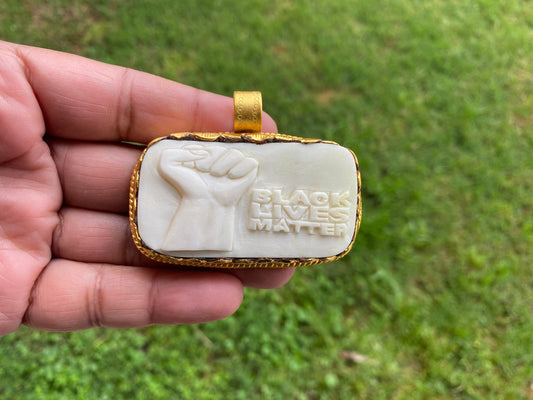 Black Lives Matter, High Quality 18K Matte Gold Overlay Non Tarnish, Hand carved Buffalo Bone Unisex Pendant, Support for Black People, BLM