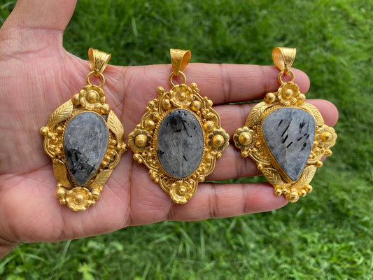 Black Tourmaline Rutile Quartz, High Quality 18K Matte Gold Overlay, Non Tarnish Jewelry, Ethnic Jewelry, Natural Gemstone, Healing Crystal