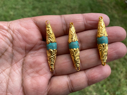 Blue Turquoise Nepal Beads, Two sided Bail,Matte Gold overlay, Himalayan Boho Ethnic Tribal Yoga Beads, Beads for Necklace, Jewelry Supplies