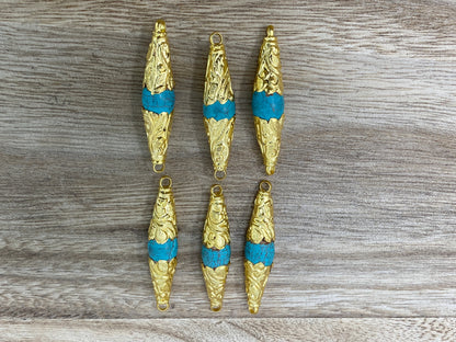 Blue Turquoise Nepal Beads, Two sided Bail,Matte Gold overlay, Himalayan Boho Ethnic Tribal Yoga Beads, Beads for Necklace, Jewelry Supplies