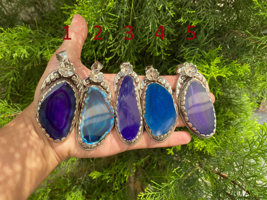 Blue and Purple Agate Pendant with Intricate Tibetan Silver Floral Detail, Bohemian Agate Pendant with Tibetan Silver Floral Carving.