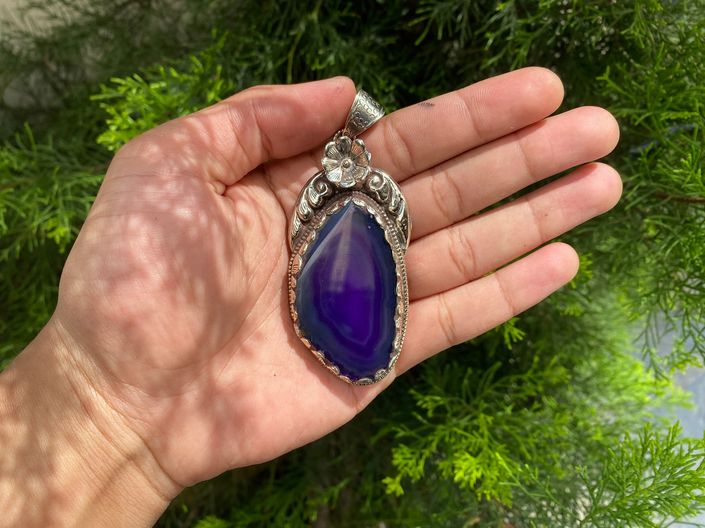 Blue and Purple Agate Pendant with Intricate Tibetan Silver Floral Detail, Bohemian Agate Pendant with Tibetan Silver Floral Carving.
