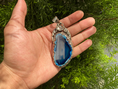 Blue and Purple Agate Pendant with Intricate Tibetan Silver Floral Detail, Bohemian Agate Pendant with Tibetan Silver Floral Carving.