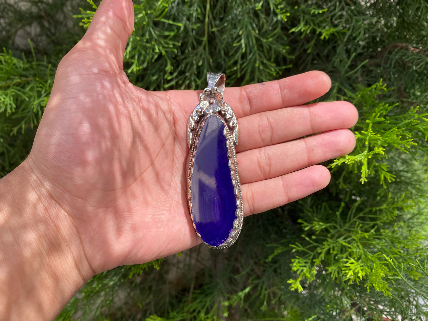 Blue and Purple Agate Pendant with Intricate Tibetan Silver Floral Detail, Bohemian Agate Pendant with Tibetan Silver Floral Carving.