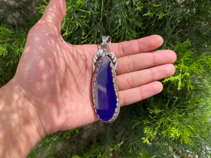 Blue and Purple Agate Pendant with Intricate Tibetan Silver Floral Detail, Bohemian Agate Pendant with Tibetan Silver Floral Carving.