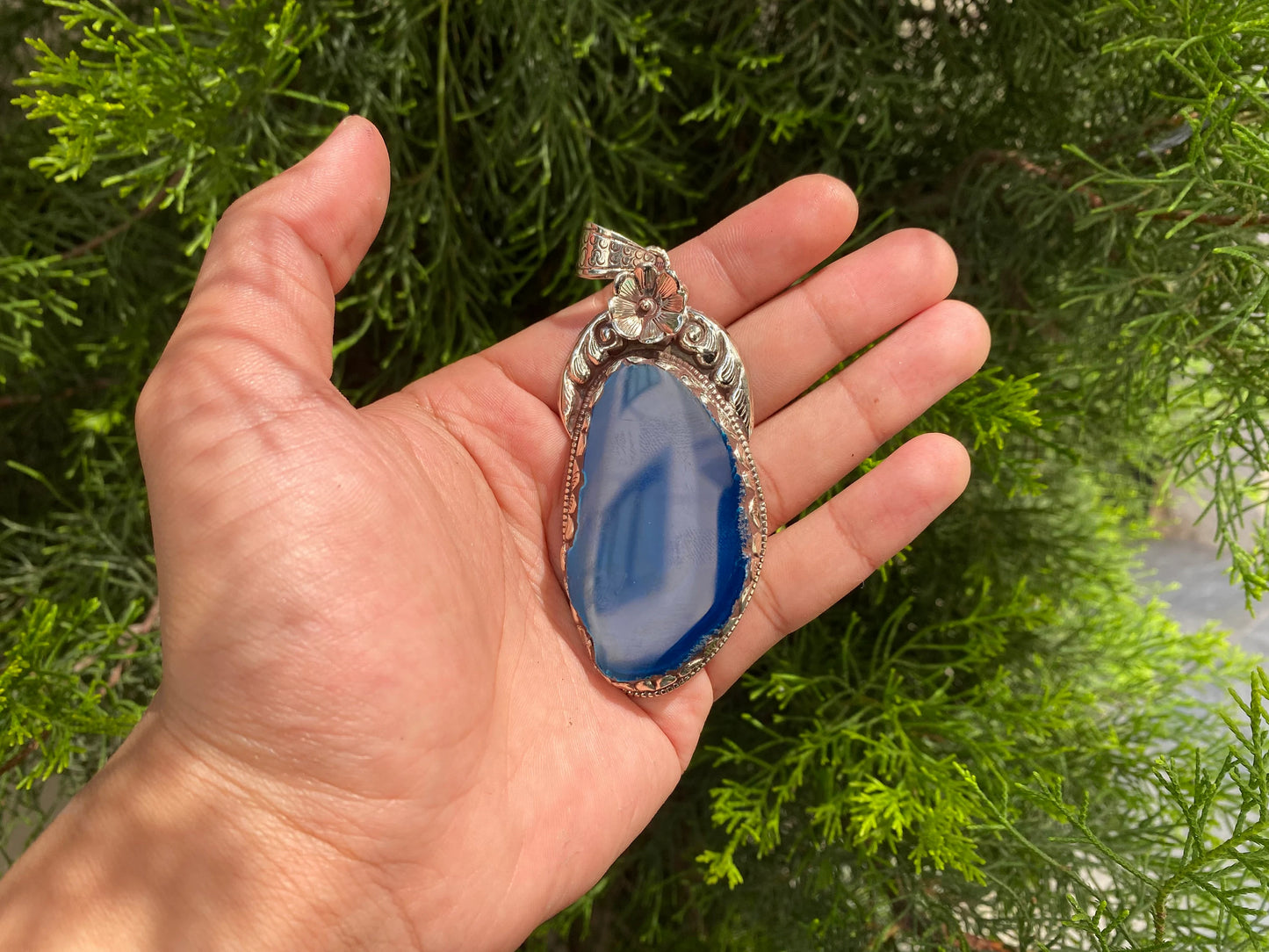 Blue and Purple Agate Pendant with Intricate Tibetan Silver Floral Detail, Bohemian Agate Pendant with Tibetan Silver Floral Carving.