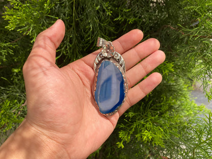 Blue and Purple Agate Pendant with Intricate Tibetan Silver Floral Detail, Bohemian Agate Pendant with Tibetan Silver Floral Carving.