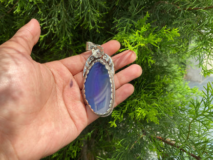 Blue and Purple Agate Pendant with Intricate Tibetan Silver Floral Detail, Bohemian Agate Pendant with Tibetan Silver Floral Carving.