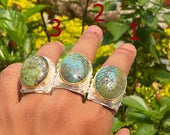 Boho Bliss: Two-Tone Adjustable Turquoise Ring, Hammered Ring, Handmade ring, Silver and Gold overlay over Brass.