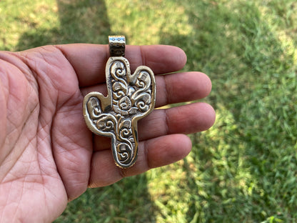 Bone Carved Cactus Design Pendant, Tibetan Silver, Desert Inspired, Organic Jewelry, Southwestern Style, Nature Symbolism, Plant Lover Gift