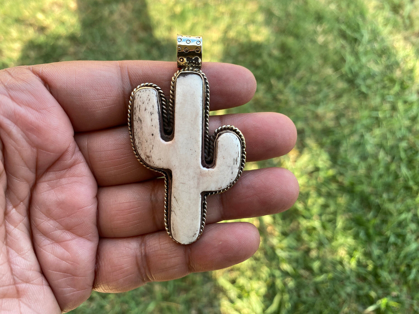 Bone Carved Cactus Design Pendant, Tibetan Silver, Desert Inspired, Organic Jewelry, Southwestern Style, Nature Symbolism, Plant Lover Gift