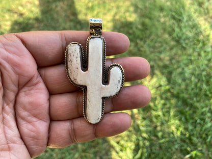 Bone Carved Cactus Design Pendant, Tibetan Silver, Desert Inspired, Organic Jewelry, Southwestern Style, Nature Symbolism, Plant Lover Gift