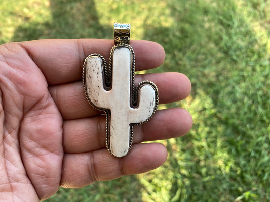 Bone Carved Cactus Design Pendant, Tibetan Silver, Desert Inspired, Organic Jewelry, Southwestern Style, Nature Symbolism, Plant Lover Gift