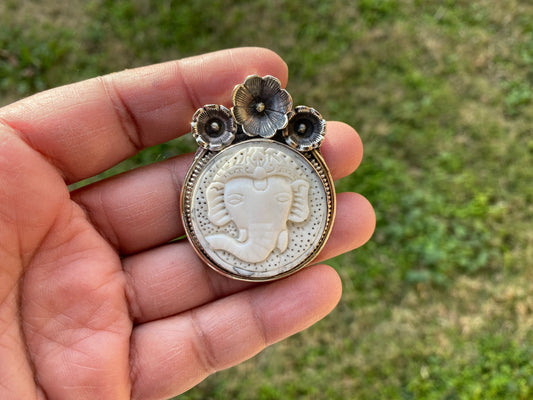 Bone Carved Ganesh Tibetan Silver Pendant, Buffalo Bone, Yoga Pendant, Ethnic Jewelry, Tribal, Spiritual Pendant, Locket for Men or Women