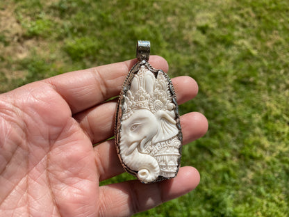 Bone Carved Ganesh Tibetan Silver Pendant, Buffalo Bone, Yoga Pendant, Ethnic Jewelry, Tribal, Spiritual Pendant for Men or Women, Hindu God