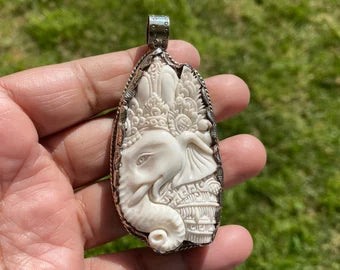 Bone Carved Ganesh Tibetan Silver Pendant, Buffalo Bone, Yoga Pendant, Ethnic Jewelry, Tribal, Spiritual Pendant for Men or Women, Hindu God