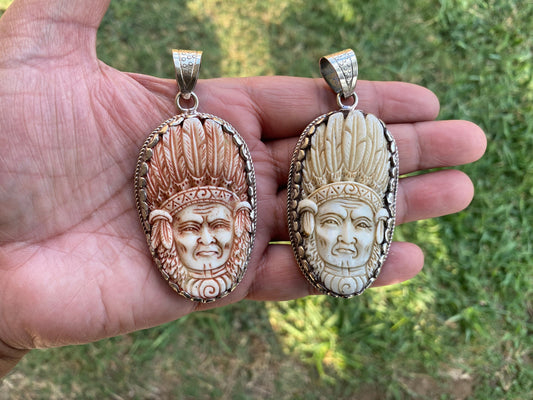 Bone Carved Indian Chief Tibetan Silver Pendant,  Native Inspiration, Cultural Heritage, Tribal Jewelry, Tribal Leader, Heritage Jewelry
