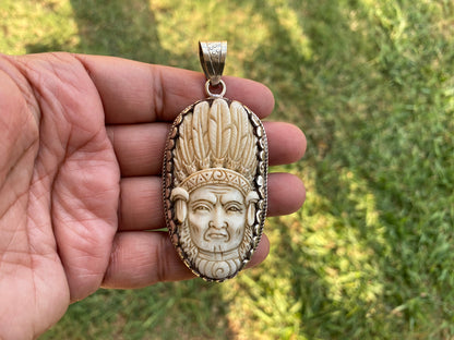 Bone Carved Indian Chief Tibetan Silver Pendant,  Native Inspiration, Cultural Heritage, Tribal Jewelry, Tribal Leader, Heritage Jewelry
