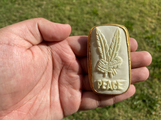 Bone Carved Marijuana Leaf with Peace Pendant, Non Tarnish Gold Overlay, Weed Leaf Unisex Jewelry, For Pot Lovers, Cannabis Leaf 420 Jewelry