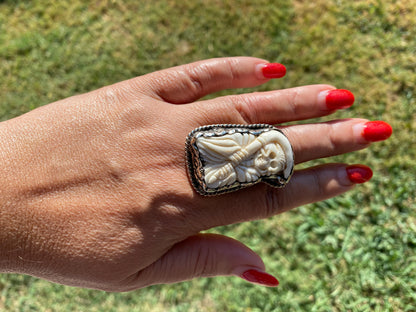 Big Adjustable Ring,  Bone Carved Viking King Skull or Grim Reaper Tibetan Silver Ring, Statement Ring, Bohemian Ring, Unisex Jewelry Gift