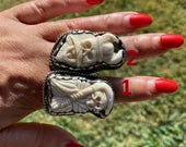 Big Adjustable Ring,  Bone Carved Viking King Skull or Grim Reaper Tibetan Silver Ring, Statement Ring, Bohemian Ring, Unisex Jewelry Gift