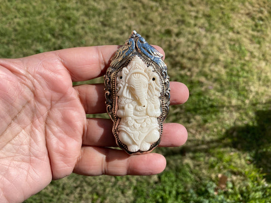 Bone carved Ganesh Tibetan Silver Pendant, Buffalo Bone, Yoga Pendant, Ethnic Jewelry, Tribal, Spiritual Pendant, Locket for Men or Women
