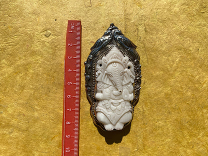Bone carved Ganesh Tibetan Silver Pendant, Buffalo Bone, Yoga Pendant, Ethnic Jewelry, Tribal, Spiritual Pendant, Locket for Men or Women