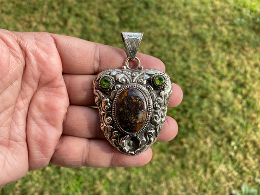 Brecciated Jasper with Peridot Tibetan Silver Pendant, Jewelry from Nepal, Energy Pendant, Gemstone Pendant, Handcrafted Jewelry for Women